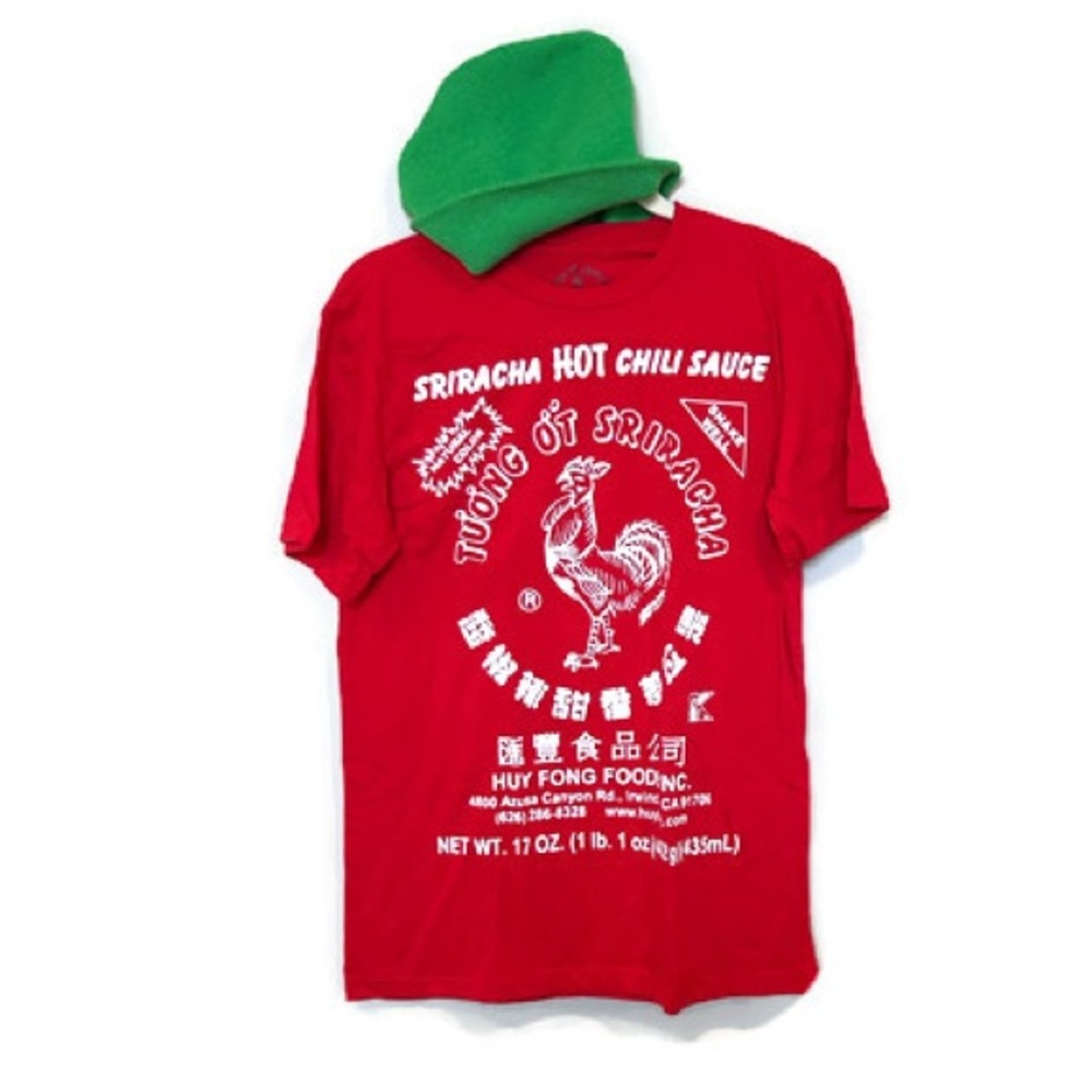 MAD Engine Red Sriracha Graphic Tee with Matching Green Cap Halloween Costume